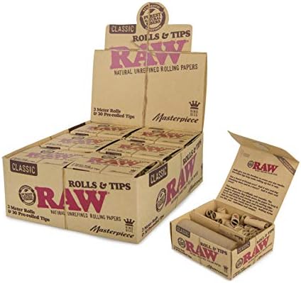 RAW Classic Natural Unrefined Rolling Papers Tips - 3 Meters Masterpiece Pre Rolled Tips - 12 Pack Count Display Box -Raw Rolls Masterpiece Filters x 12 No Nicotine
