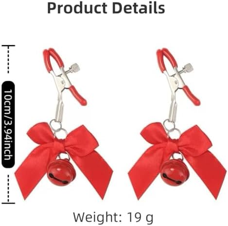 2Pcs Nipple Clamps, Adjustable Non-Piercing Body Jewelry with Bowknot Bells, Stainless Steel Decorative Clips for Women and Men (red)