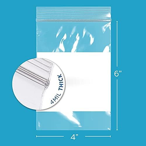GPI - 4" x 6" - Bulk Pack of 100, 4 Mil Thick, Heavy Duty, Clear Plastic Reclosable Zip Bags, With Write-on White Block for Labeling, Strong & Durable Poly Baggies With Resealable Zipper Top Lock.