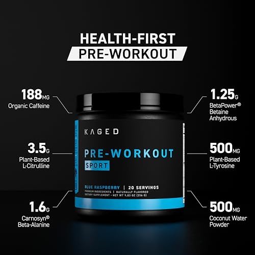 Kaged Sport Pre Workout Powder for Men & Women, Pink Lemonade, Sport Certified, 188mg Caffeine, Nitric Oxide, Beta Alanine, 20 Servings