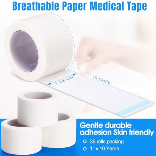 Nuanchu 36 Rolls Paper Surgical Tape 1 Inch x 10 Yards Medical Tape Suitable for Sensitive Skin Breathable First Aid Adhesive Surgical Ideal for Securing Gauze and Dressings Bandage (White)