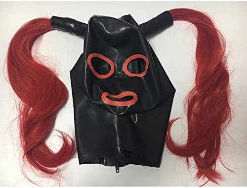 Latex Hood with Red Braids and Eye Hole, Full Face Cover with Zipper for Master, Queen, Sex, BDSM, Party, Cosplay, Holiday