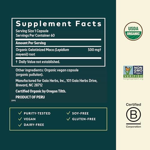 Gaia Herbs Maca Root - Caffeine-Free Energy Supplement - Traditionally Used to Support Healthy Energy & Stamina* - Made with Organic Maca Root (Lepidium meyenii) - 60 Vegan Capsules (60 Servings)