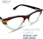 2SeeLife Premium Cat Eye Reading Glasses for Women – Narrow–Medium Fit, Sturdy Frame, Spring Hinges, Stylish Funky Readers, Brown Stripes, +1.00