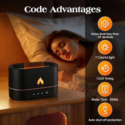 Essential Oil Diffuser, 250ml Humidifiers for Bedroom, Air Aroma Diffuser Humidifier with 7 Flame Colors, Quiet, Auto-Off Protection, 1H/3H/5H Timing, Cool Mist Humidifiers for Bedroom Home