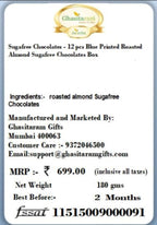 Ghasitaram Gifts Rakhi Gifts for Brothers Rakhi Sugafree Chocolates - 12 pcs Blue Printed Roasted Almond Sugafree Chocolates Box with Pearl Rakhi