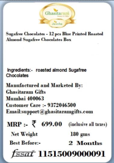 Ghasitaram Gifts Rakhi Gifts for Brothers Rakhi Sugafree Chocolates - 12 pcs Blue Printed Roasted Almond Sugafree Chocolates Box with Pearl Rakhi