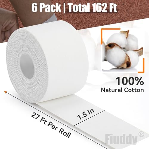 Professional 6 Pack White Athletic Sports Tape - 1.5 Inch × 27 Feet Per Roll | Total 162 Feet, Very Strong Easy Tear No Sticky Residue Wrist Ankle Tape for Football Climbing Soccer Gymnastics Injuries