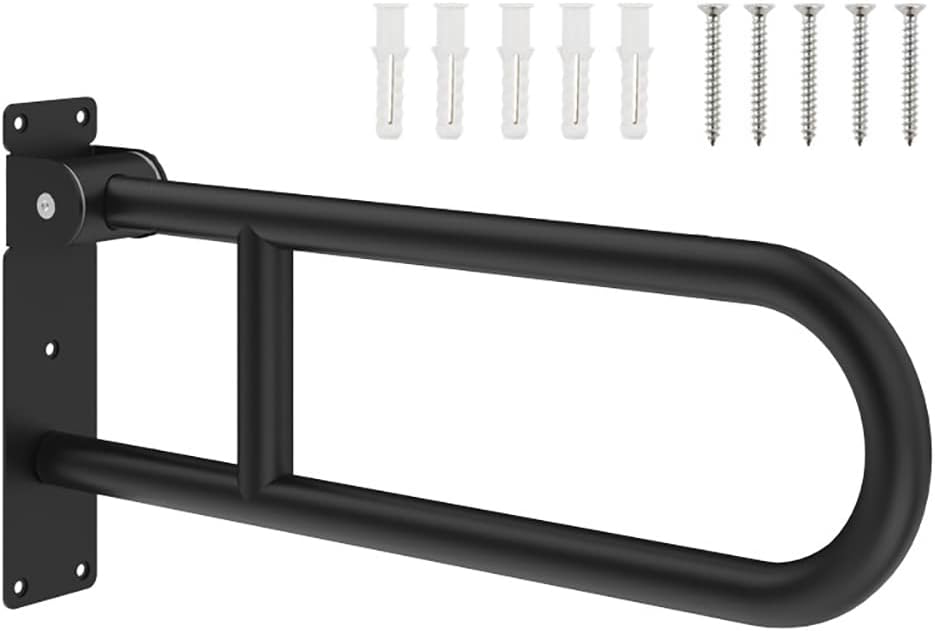 U-Shaped Polished Foldable Toilet Grab Bar,Matte Black Flip-Up Bathroom Handrail for Elderly Handicap Pregnant,Wall Mounted Barrier-Free Folding Shower Assist Aid (Black 60cm)