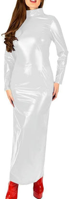 Women's Glossy Stretch PVC Turtleneck Long Pencil Dress Gothic Slim Zipper Back Club Party Night Evening