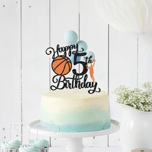 Rsstarxi 1 Pack Happy 5th Birthday Cake Topper Black Glitter Basketball Sports Cake Pick Cheers to 5 Years Cake Decorations for Basketball Theme Birthday Party Supplies