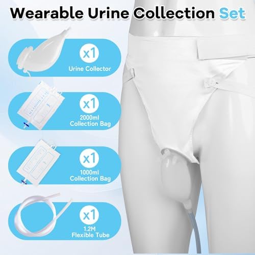Wearable Urine Collector for Men with Reusable Silicone Urine Cup Adjustable Fixed Pants and 2 Urinary Bags 2000ml and 1000ml External Catheter for Men for Home Travel and Daily Use, Elderly Men Grey