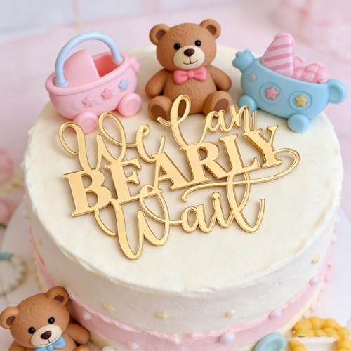"We Can Bearly Wait" Baby Shower Cake Topper, Gold Acrylic Bear Theme Party Cake Topper, Welcome Baby,Pregnancy Announcement,Baby to Be for Baby Shower Party Supplies,Gender Reveal Photo Props