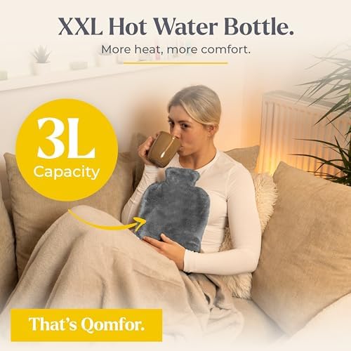 Qomfor XXL Large Hot Water Bottle with Faux Fur Cover – Cozy 3L Hot Water Bottle for Bed Warming, Pain Relief, Cramps & Back Pain – Durable, Safe, & Long-Lasting Water Hot Bottle for Sleeping (Grey)
