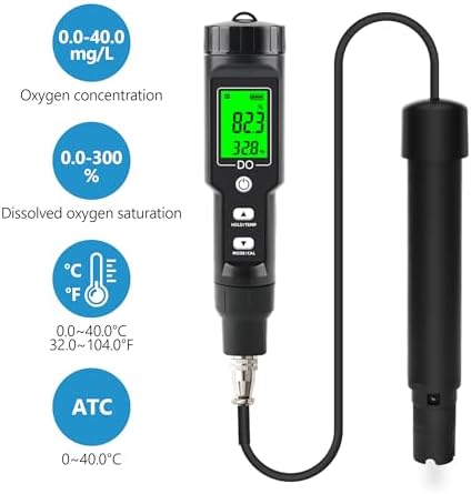 Dissolved Oxygen Meter with ATC,0-40.00 mg/L Measurement Range,Dissolved Oxygen Test Kit for Pond Aquarium Aquaculture and Water Fish Tank,DO Meter with Electrode Filling Fluid.