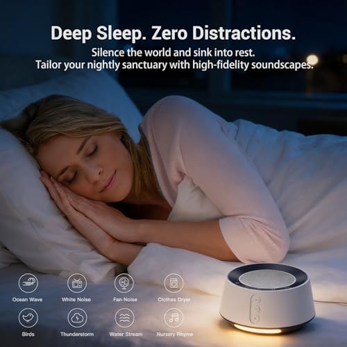 White Noise Sound Machine with 20 Soothing Sounds, 10 Colors Night Light Sleep Machines Home Office Travel, 5 Timers and Memory Feature Sound Machine for Nursery Baby Kids Adults (White)