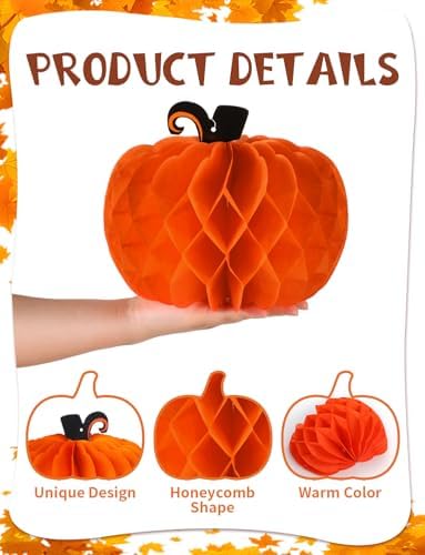 6 Pcs Fall Pumpkin Honeycomb Paper Decorations, Thanksgiving Pumpkins Table Centerpieces Hanging Pumpkin Honeycomb Tissue Balls for Halloween Thanksgiving Harvest Party Decor