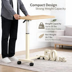 Adjustable Overbed Table with Wheels, Pneumatic Height Lift Rolling Bedside Table, Standing Desk for Home & Office Use, Ideal for Seniors & Limited Mobility(Walnut White)