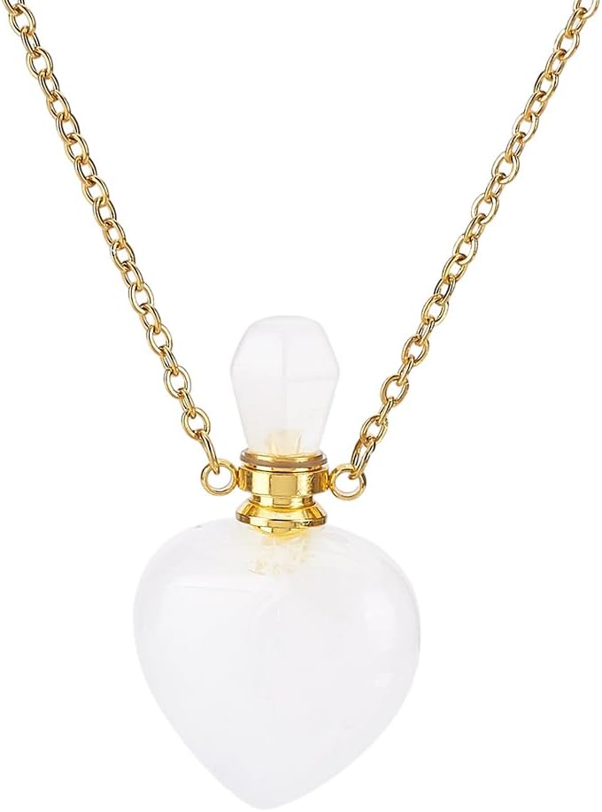 PH PandaHall Natural Quartz Crystal Perfume Bottle Necklace, Valentine Heart Shape Essential Oil Diffuser Bottle Real Clear Quartz Gemstone Necklace Golden Chain for Women Jewelry, 1pc