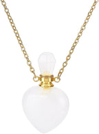 PH PandaHall Natural Quartz Crystal Perfume Bottle Necklace, Valentine Heart Shape Essential Oil Diffuser Bottle Real Clear Quartz Gemstone Necklace Golden Chain for Women Jewelry, 1pc