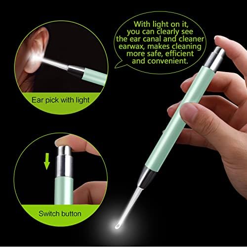 4 Pack Ear Wax Removal Tool Kit with Light, Ear Pick Ear Cleaning Tools Set for Kids and Adults, Ear Picks Digger & Tweezers & Spiral Spring Ear Spoon with Storage Box (Green)