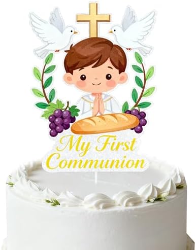 My First Communion Cake Topper, Boy with Cross, Doves, Bread and Grapes Design, Religious Party Decoration
