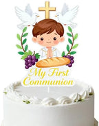 My First Communion Cake Topper, Boy with Cross, Doves, Bread and Grapes Design, Religious Party Decoration