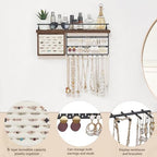 Mkono Hanging Jewelry Organizer Wall Mounted Jewelry Organizer Necklace Holder with Rustic Wood Shelf, Ring Display Box, Ear Studs Earring Holder Bracelet Organizer (Brown)