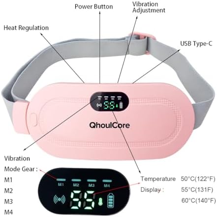 Heated Waist Belt with Vibration, USB-C Rechargeable Heating Pad for Cramps & Lower Back, 3 Heat Levels & 4 Massage Modes, Adjustable Strap, LED Display (Pink)
