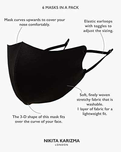 KARIZMA Face Wardrobe Cloth Face Mask for Women Pack. 6 Buttery Soft Black Face Masks Washable Fabric with Adjustable Ear Loops. Face Mask Reusable and Stretchy. Comfortable and Fresh Facemask