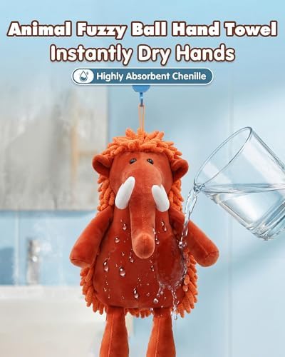 Forest Animals Fuzzy Ball Hand Towel Set of 2, Series Super Soft Chenille Bath & Kitchen Towels, Absorbent Decorative Fuzzy Ball Hanging Towel for Bathroom, Sink, Countertop (Wild Boar,Lion)