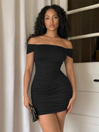 HBQ Women's Ruched Bodycon Dress Summer Off The Shoulder Sexy Cocktail Club Party Mini Dresses