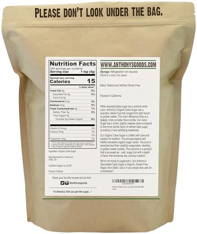 Anthony's Organic Cane Sugar, 3 lb, Granulated, Gluten Free & Non GMO