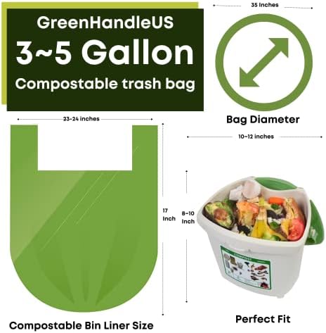 Green Handle US BPI certified 3 Gallon 1.00 Mil = 25 mic Compostable Handle Tie Kitchen Compost Bin Liner Trash Bag | Food Waste Scrap | California SB 1383 ASTM D6400 Europe OK Home Seedling (25)