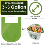 Green Handle US BPI certified 3 Gallon 1.00 Mil = 25 mic Compostable Handle Tie Kitchen Compost Bin Liner Trash Bag | Food Waste Scrap | California SB 1383 ASTM D6400 Europe OK Home Seedling (25)