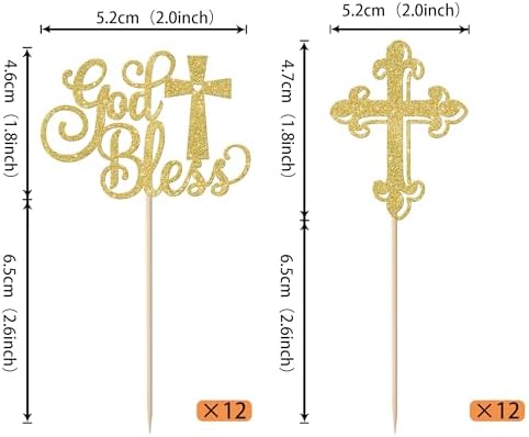 Rsstarxi 24 Pack Baptism Cupcake Toppers God Bless Cupcake Toppers Glitter Cross God Bless Cupcake Picks for Babyshower Christian First Communion Baptism Party Cake Decorations Gold