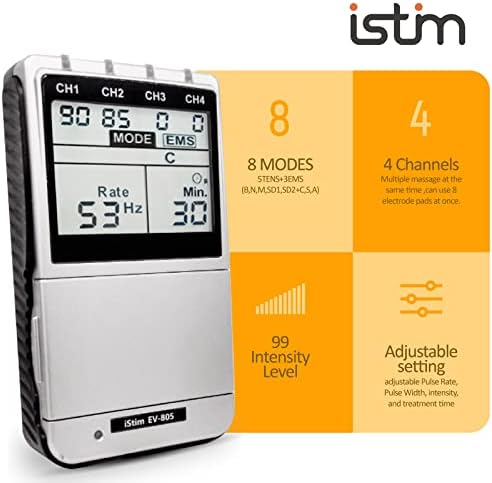 iSTIM EV-805 TENS EMS 4 Channel Rechargeable Combo Machine Unit - Muscle Stimulator + Back Pain Relief and Management- 24 Programs/Backlit (Including Electrodes Pads)