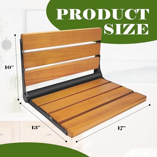 Folding Shower Seat Teak, Folding Shower Seat Wall Mounted, Foldable Shower Chair for Home Care, 450 lbs Capacity (Black-Colored Stainless Steel, 13'' D x 17'' W x 10'' H)