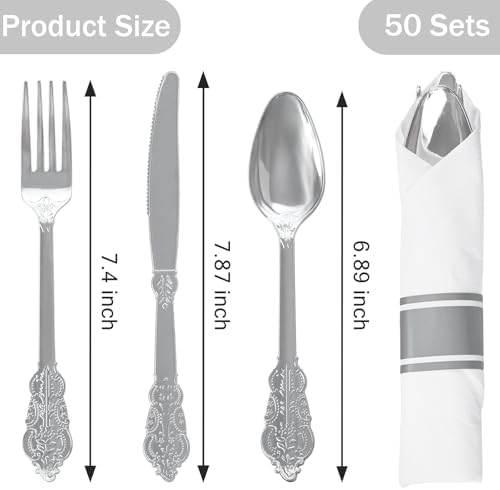 WELLIFE 50 Pack Silver Plastic Silverware, Wrapped Silverware Set Disposable,Include 50 Forks, 50 Knives, 50 Spoons and 50 Napkins, Disposable Cutlery for Party and Wedding