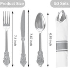 WELLIFE 50 Pack Silver Plastic Silverware, Wrapped Silverware Set Disposable,Include 50 Forks, 50 Knives, 50 Spoons and 50 Napkins, Disposable Cutlery for Party and Wedding