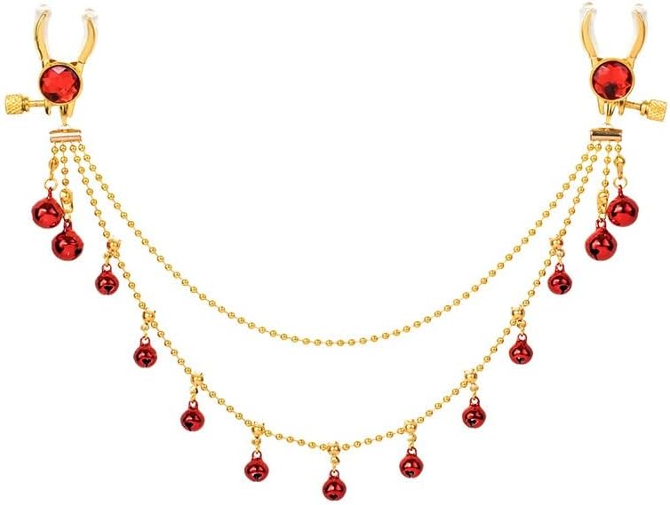 QLXSTM Tassel Rhinestone Nipple Clamps with Multiple Bells and Chains - Adjustable, Non-Piercing Metal Stimulator Nipple Clips Adult Toys, Perfect for Women & Couples (RED)