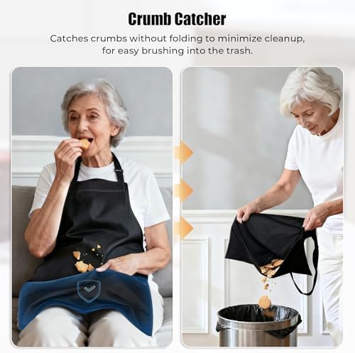 Noverlife Adjustable Adult Bib with Large Crumb Catcher Pocket, Reusable Eating Apron for Elderly Dining Clothing Protector, Washable Adult Feeding Bib for Women & Men, Present for Seniors, Black