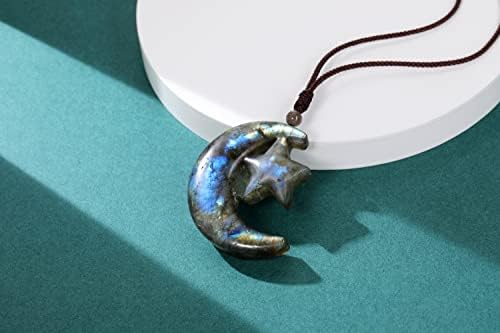 GEHECRST Labradorite Crystal Necklace for Women Natural Gemstone Carved Moon Star Healing Stone Energy Protection Adjustable Pendant Necklace Jewelry Gift for Mom Mothers Day