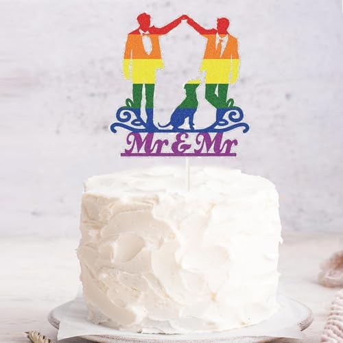 Rainbow Mr And Mr Gay Cake Topper,Men Wedding Engagement Cake Decor, LGBT Couple Groom and Groom Wedding Party Decorations