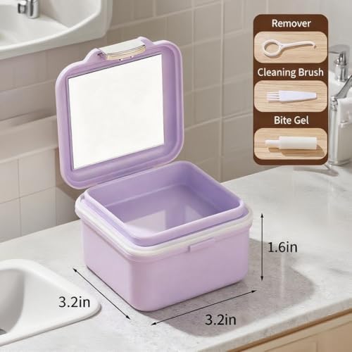 Denture Bath Case, Denture Soaking Container Denture Cup Soaking Holder Mouth Guard Denture Box Denture Baths Cleaning with Lid Retainer Case （Purple）