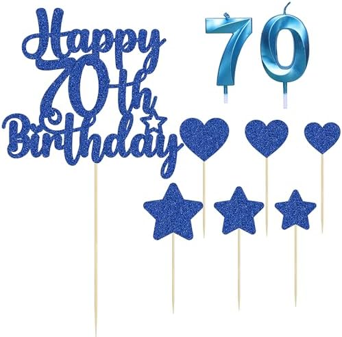 Gyufise 15Pcs Happy 70th Birthday Cake Topper Set with Heart Star Glitter Cheers to 70 Years Cake Picks Number 70 Candles Cake Decorations for Happy 70th Birthday Anniversary Party Supplies Blue