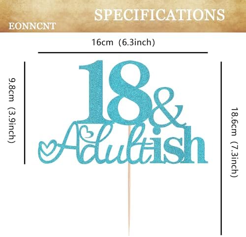 18 & Adult-ish Cake Topper - Sky Blue Glitter Funny 18th Birthday Cake Decorating Supplies for Girls, Cheers to 18 Years Decor for 18 Adult Milestone Party Photo Booth Props