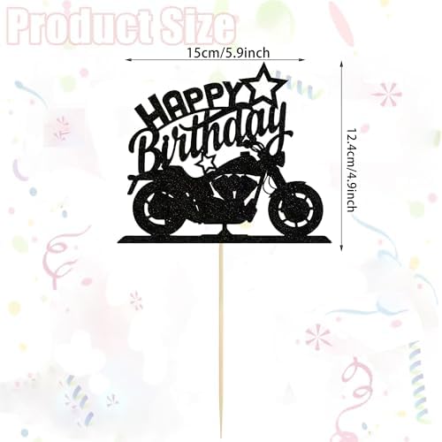 Motorbike Happy Birthday Cake Topper - Black Glitter Motorbike Cake Decoration for Motorcycle Rider Racing Theme Party, Birthday Party Cake Decor Supplies
