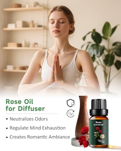 Rose Essential Oil, 100% Pure & Natural Aroma Oils for Aromatherapy Diffuser, Skin & Hair Care, Perfume, Soap & Candle Making, 0.33 Fl Oz / 10ml Mumianhua