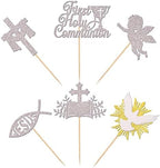 Rsstarxi 24 Pack First Holy Communion Cupcake Toppers Cross Dove Angel God Bless Cupcake Picks Christian Baptism Cake Decorations for First Communion Baby Shower Birthday Party Supplies Silver